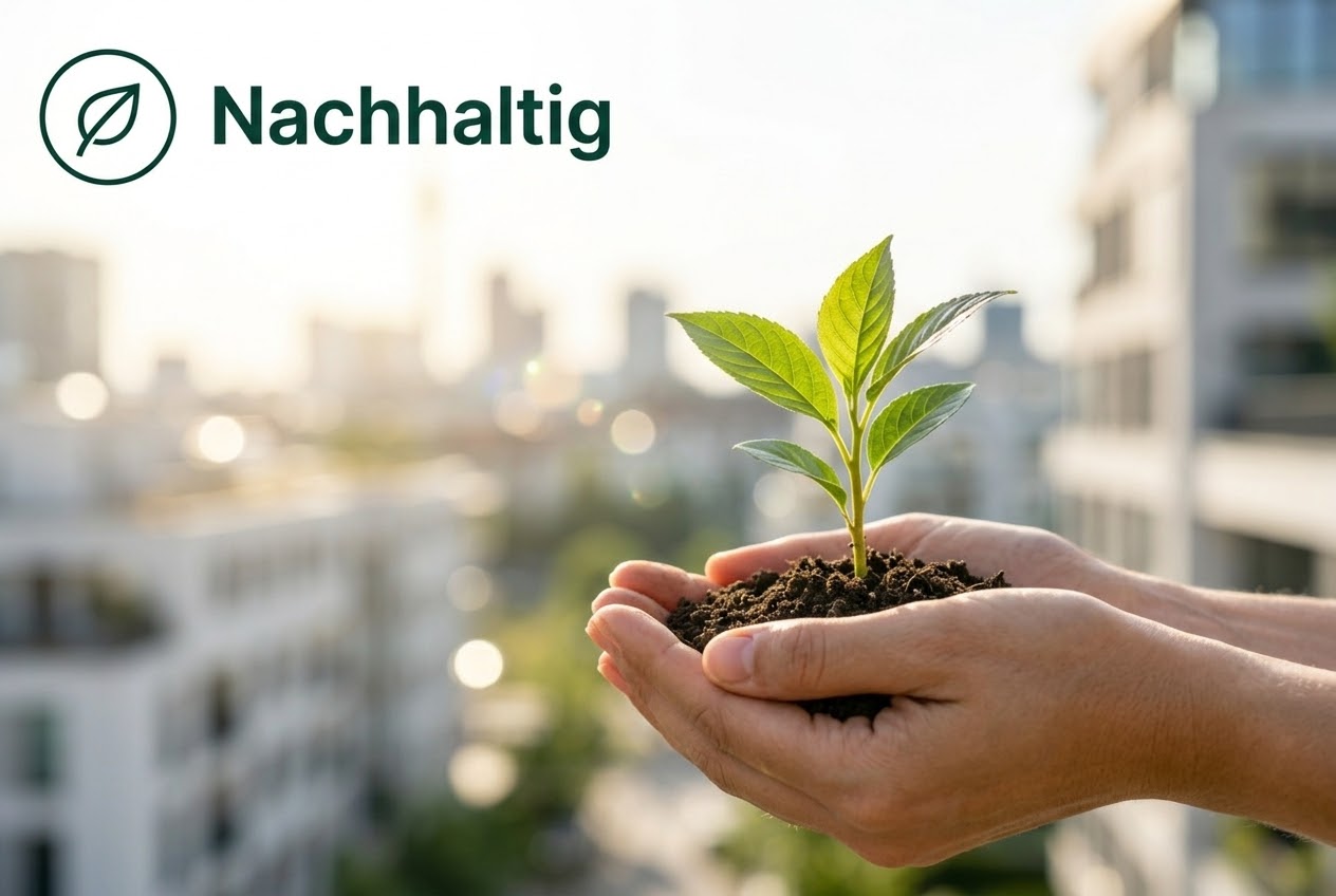 Nachhaltig – junge Pflanze in Händen vor der Stadt