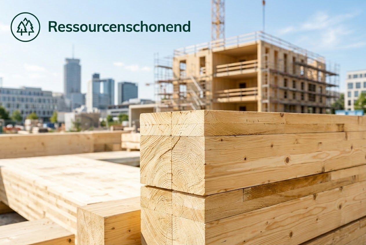Ressourcenschonend – Massivholz vor einem Holzbau im Rohbau