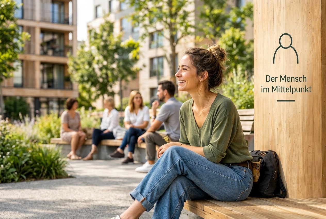 Der Mensch im Mittelpunkt – Bewohnerin auf einer Holzbank im Quartier
