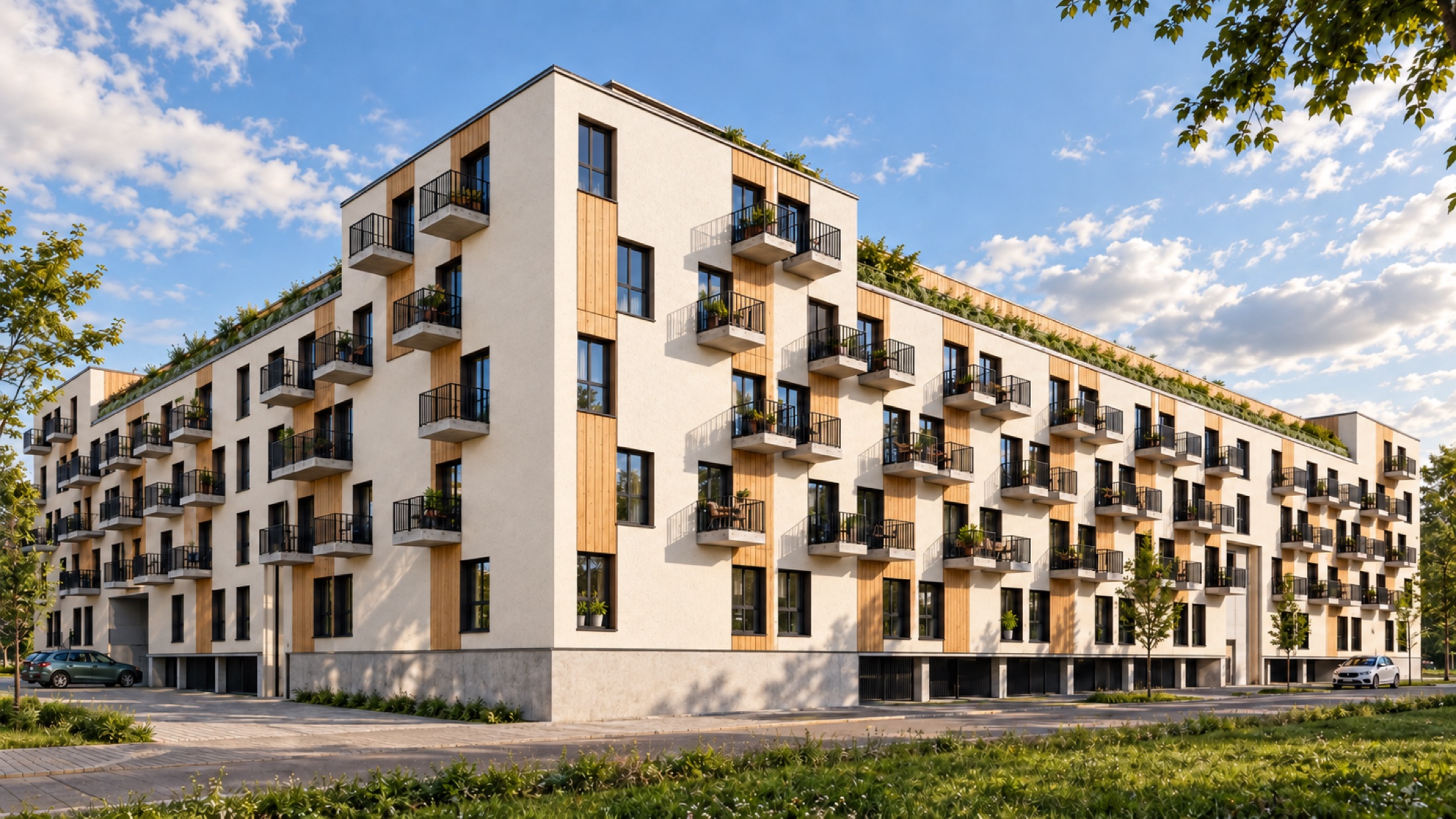 Wohnen am Colosseum, Straßenansicht mit Holzelementen