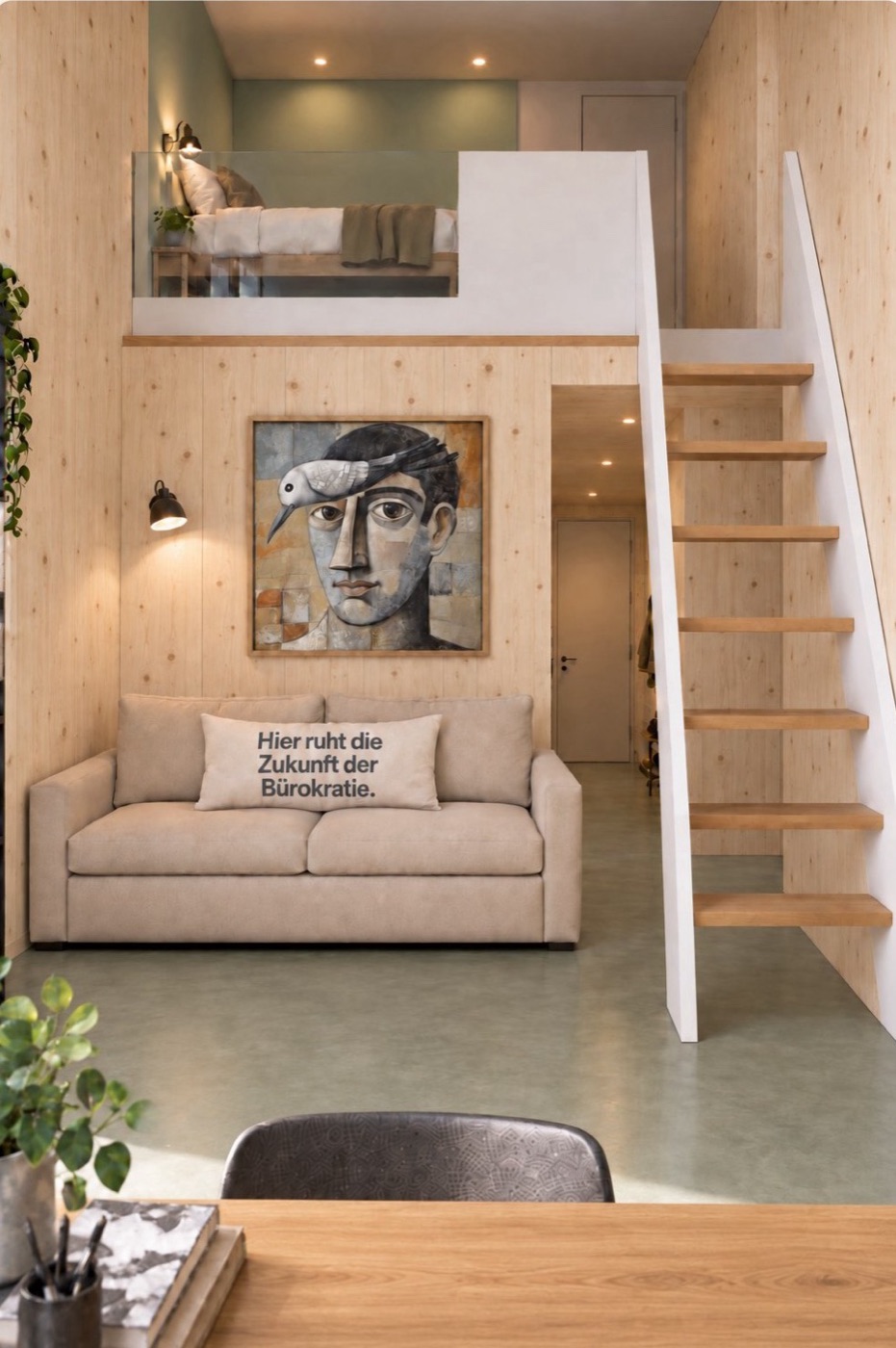 Apartment mit Empore, Sofa und Holztreppe