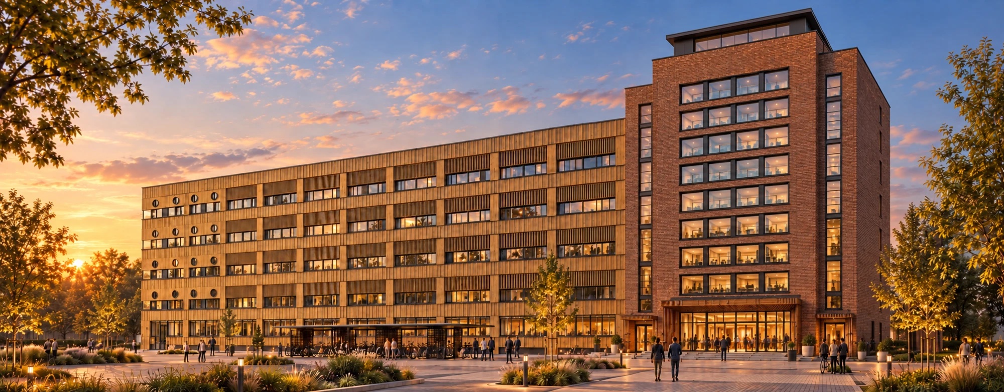 Studierendenapartments Hof bei Sonnenuntergang: Holzfassade und Klinkerturm